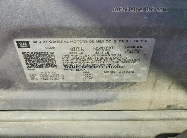 3GNCJKSB8LL287882 2020 CHEVROLET TRAX Gray სალონის 360-გრადუსიანი ხედი