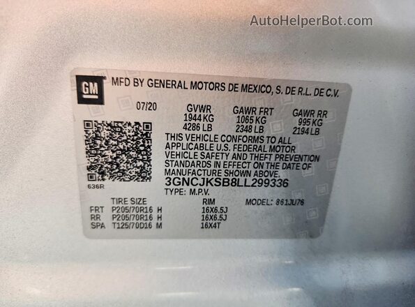 3GNCJKSB8LL299336 2020 CHEVROLET TRAX Silver VIN კოდის სტიკერის ხედი