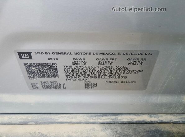 3GNCJKSB8LL341875 2020 CHEVROLET TRAX Silver Engine compartment view