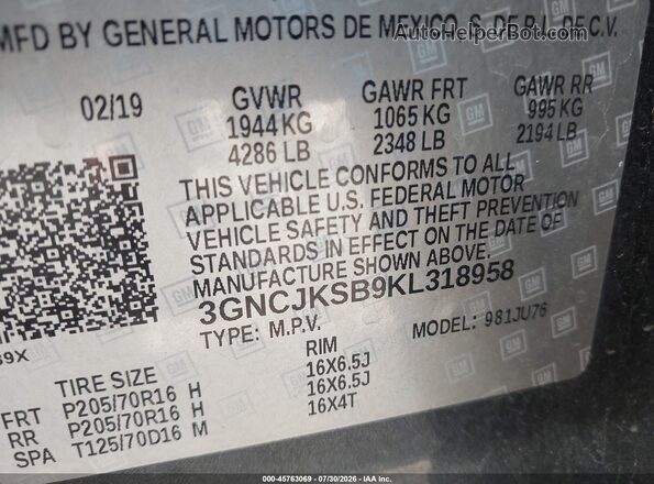 3GNCJKSB9KL318958 2019 CHEVROLET TRAX Серый Вид подкапотного пространства