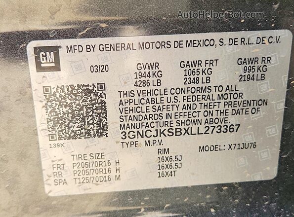 3GNCJKSBXLL273367 2020 CHEVROLET TRAX Gray Vista de la etiqueta del VIN