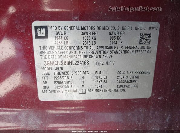 3GNCJLSB0HL234168 2017 CHEVROLET TRAX Темно-бордовый Вид подкапотного пространства