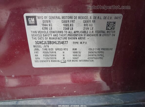 3GNCJLSB0HL254677 2017 CHEVROLET TRAX Maroon Vista del compartimento del motor