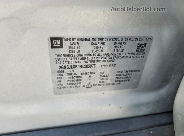3GNCJLSB0HL285976 2017 CHEVROLET TRAX Silver Widok komory silnika