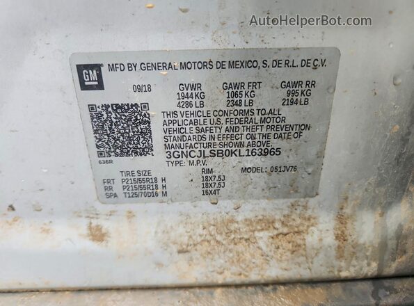 3GNCJLSB0KL163965 2019 CHEVROLET TRAX Silver Engine compartment view