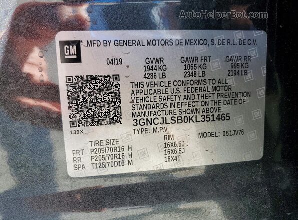 3GNCJLSB0KL351465 2019 CHEVROLET TRAX Угольный Вид наклейки с VIN-кодом