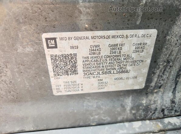 3GNCJLSB0LL168682 2020 CHEVROLET TRAX Gray Engine compartment view