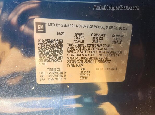 3GNCJLSB0LL309637 2020 CHEVROLET TRAX Синий Вид наклейки с VIN-кодом