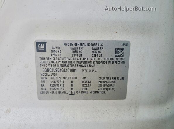 3GNCJLSB1GL161004 2016 CHEVROLET TRAX White Widok komory silnika