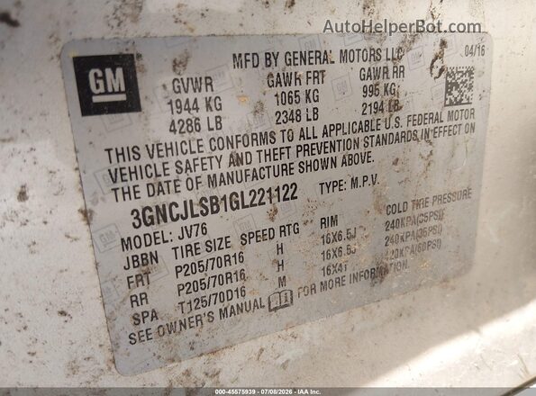 3GNCJLSB1GL221122 2016 CHEVROLET TRAX Silver Вид підкапотного простору