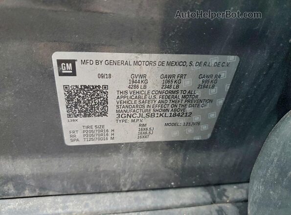 3GNCJLSB1KL184212 2019 CHEVROLET TRAX Gray VIN կոդի պիտակի տեսք