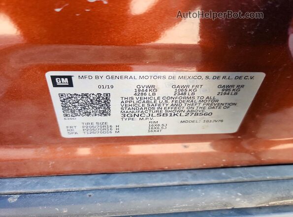 3GNCJLSB1KL278560 2019 CHEVROLET TRAX Orange VIN կոդի պիտակի տեսք