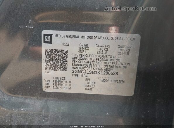 3GNCJLSB1KL286528 2019 CHEVROLET TRAX Серый Вид подкапотного пространства