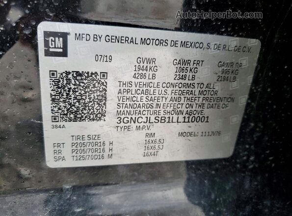 3GNCJLSB1LL110001 2020 CHEVROLET TRAX Черный Вид наклейки с VIN-кодом