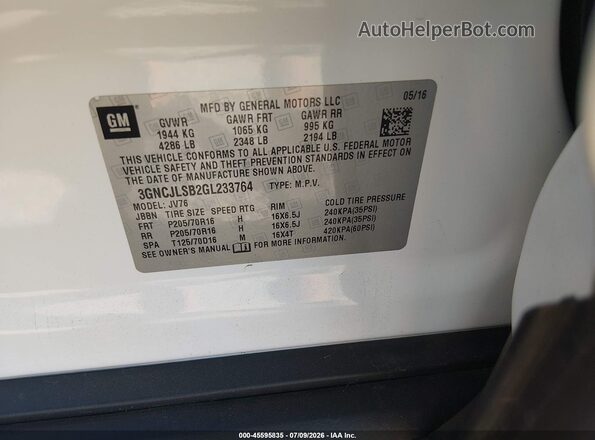 3GNCJLSB2GL233764 2016 CHEVROLET TRAX White Շարժիչի բաժամունքի տեսք
