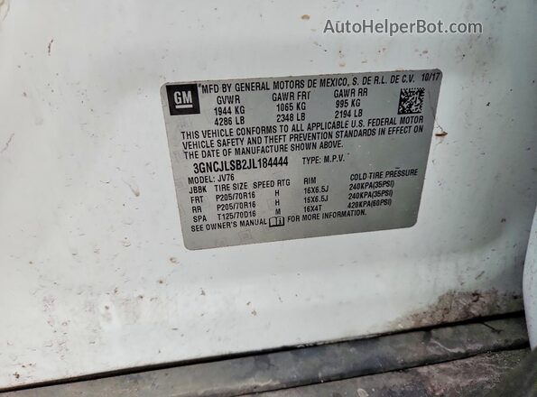 3GNCJLSB2JL184444 2018 CHEVROLET TRAX White Vista de la etiqueta del VIN