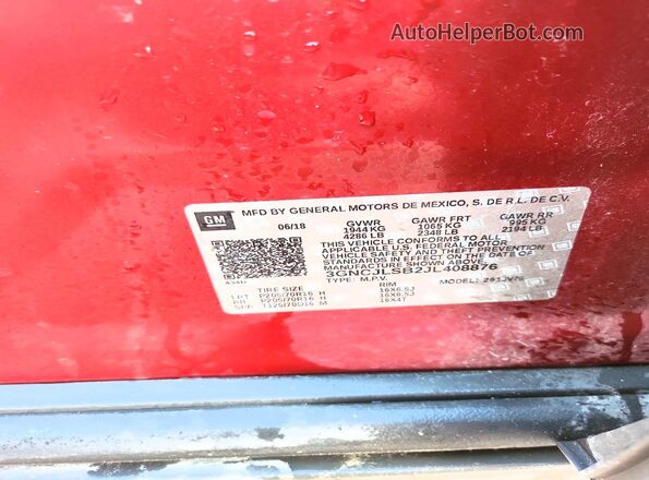 3GNCJLSB2JL408876 2018 CHEVROLET TRAX Red VIN sticker view