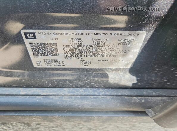 3GNCJLSB2KL308732 2019 CHEVROLET TRAX Gray Widok naklejki z numerem VIN