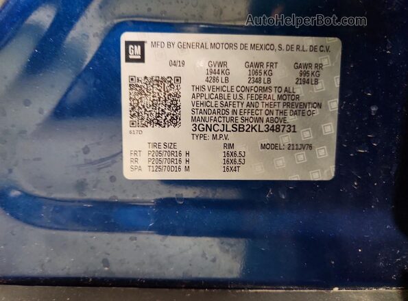 3GNCJLSB2KL348731 2019 CHEVROLET TRAX Blue Vista de la etiqueta del VIN