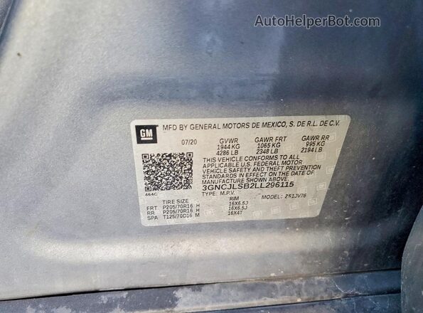 3GNCJLSB2LL296115 2020 CHEVROLET TRAX Gray VIN sticker view