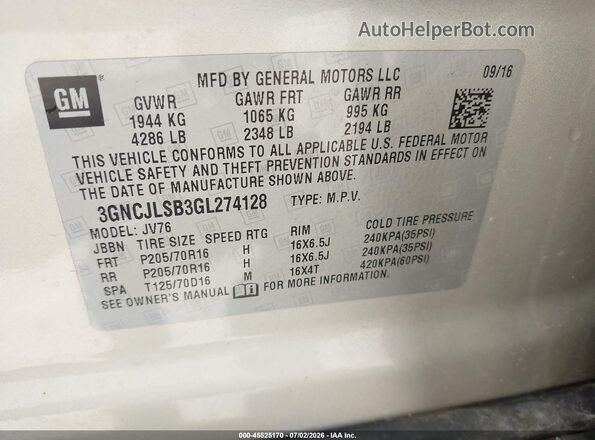 3GNCJLSB3GL274128 2016 CHEVROLET TRAX Бежевый Вид подкапотного пространства