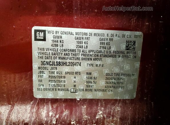 3GNCJLSB3HL209474 2017 CHEVROLET TRAX Burgundy Vista de la etiqueta del VIN