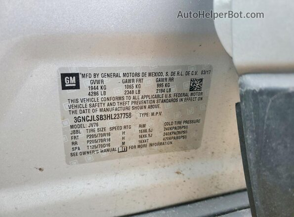 3GNCJLSB3HL237758 2017 CHEVROLET TRAX Silver Widok wnętrza 360 stopni
