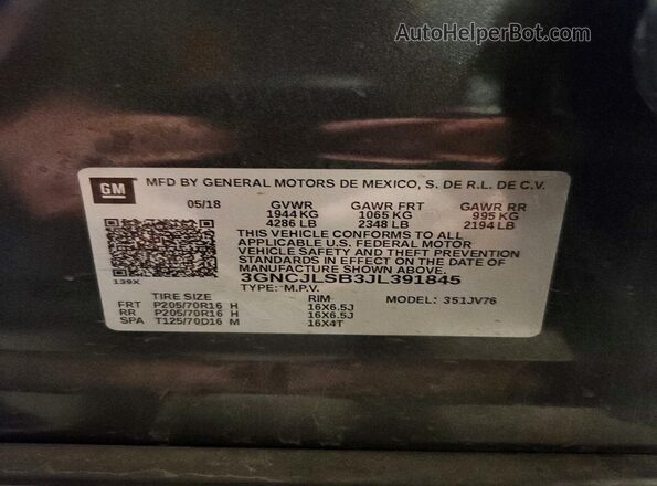 3GNCJLSB3JL391845 2018 CHEVROLET TRAX Серый Вид наклейки с VIN-кодом