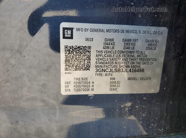 3GNCJLSB3JL416498 2018 CHEVROLET TRAX Синий Вид наклейки с VIN-кодом