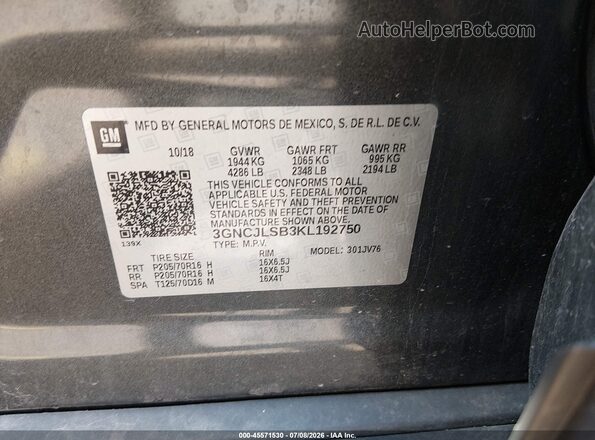 3GNCJLSB3KL192750 2019 CHEVROLET TRAX Gray Vista del compartimento del motor
