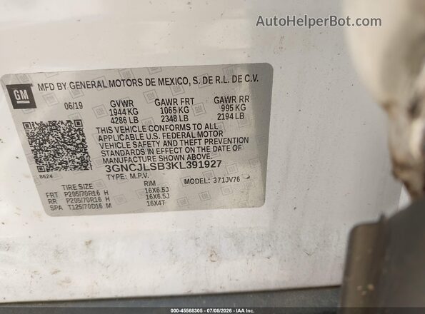 3GNCJLSB3KL391927 2019 CHEVROLET TRAX Белый Вид подкапотного пространства