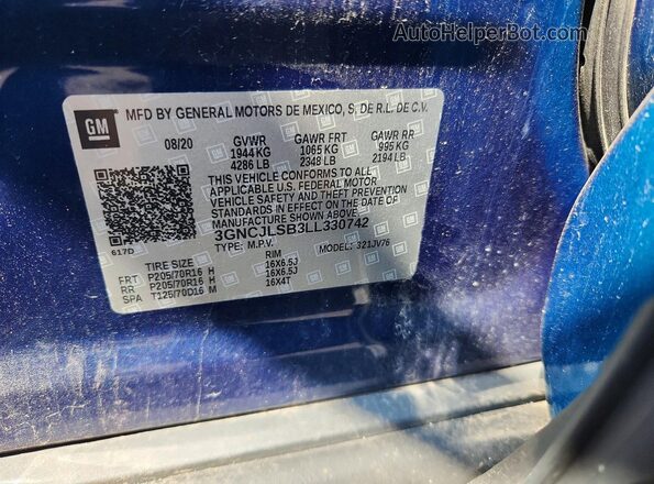 3GNCJLSB3LL330742 2020 CHEVROLET TRAX Blue VIN sticker view