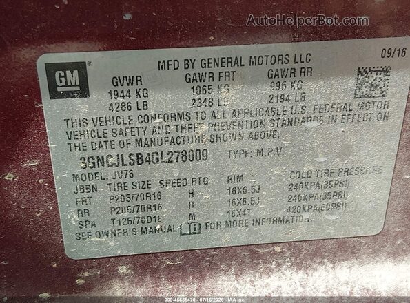 3GNCJLSB4GL278009 2016 CHEVROLET TRAX Red Engine compartment view