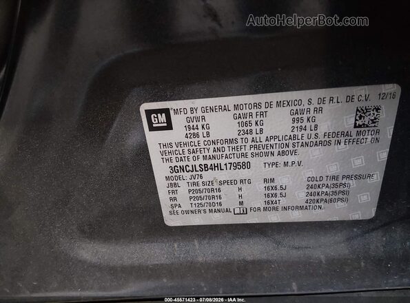 3GNCJLSB4HL179580 2017 CHEVROLET TRAX Gray Vista del compartimento del motor