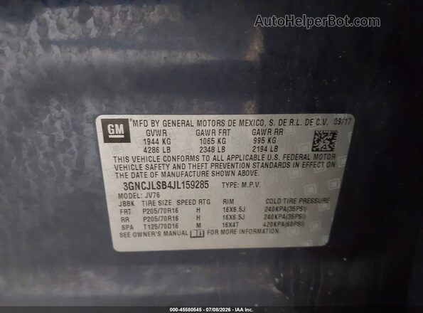 3GNCJLSB4JL159285 2018 CHEVROLET TRAX Gray ძრავის განყოფილების ხედი