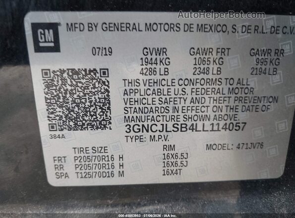 3GNCJLSB4LL114057 2020 CHEVROLET TRAX Черный Вид подкапотного пространства