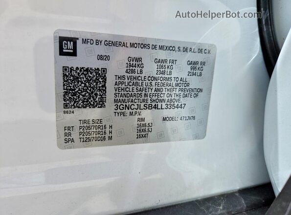 3GNCJLSB4LL335447 2020 CHEVROLET TRAX White VIN կոդի պիտակի տեսք