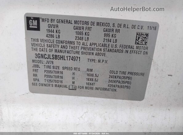 3GNCJLSB5HL174971 2017 CHEVROLET TRAX White ძრავის განყოფილების ხედი