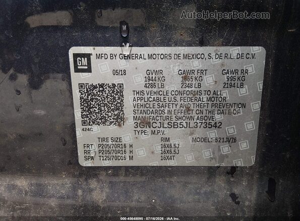3GNCJLSB5JL373542 2018 CHEVROLET TRAX Blue Вид підкапотного простору