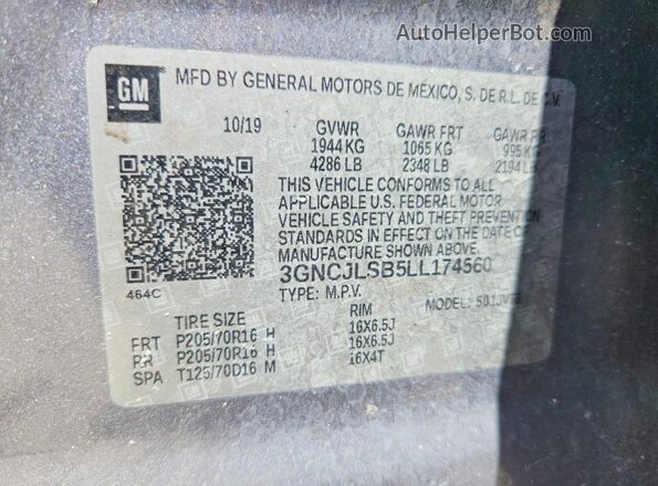 3GNCJLSB5LL174560 2020 CHEVROLET TRAX Silver VIN კოდის სტიკერის ხედი