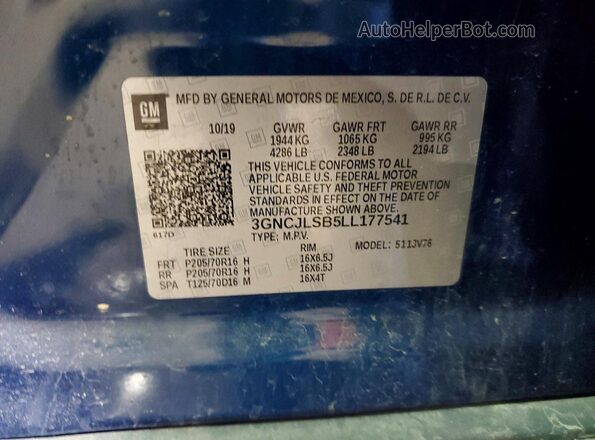 3GNCJLSB5LL177541 2020 CHEVROLET TRAX Blue VIN კოდის სტიკერის ხედი