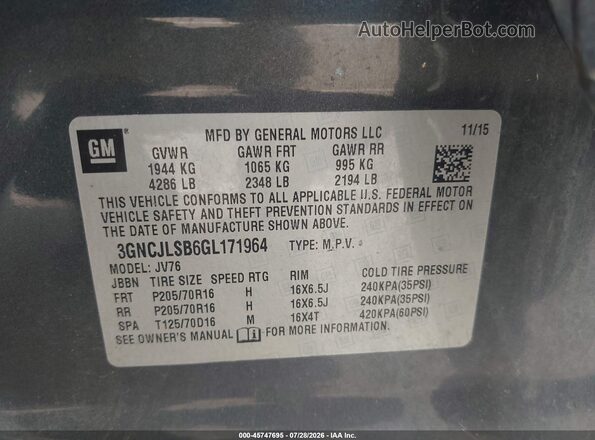 3GNCJLSB6GL171964 2016 CHEVROLET TRAX Gray ძრავის განყოფილების ხედი