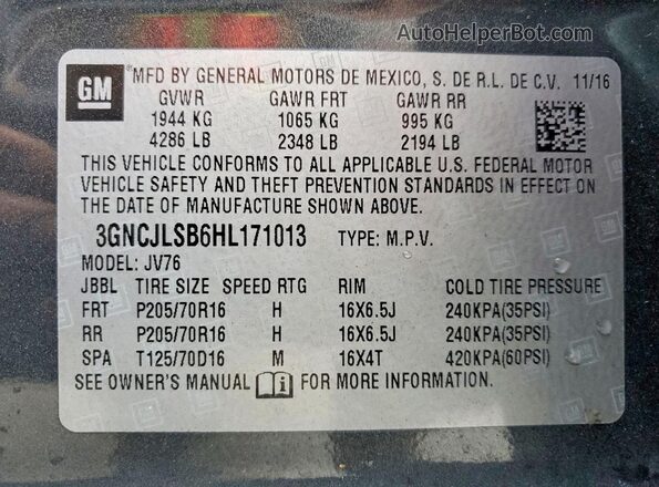 3GNCJLSB6HL171013 2017 CHEVROLET TRAX Gray Vista de la etiqueta del VIN