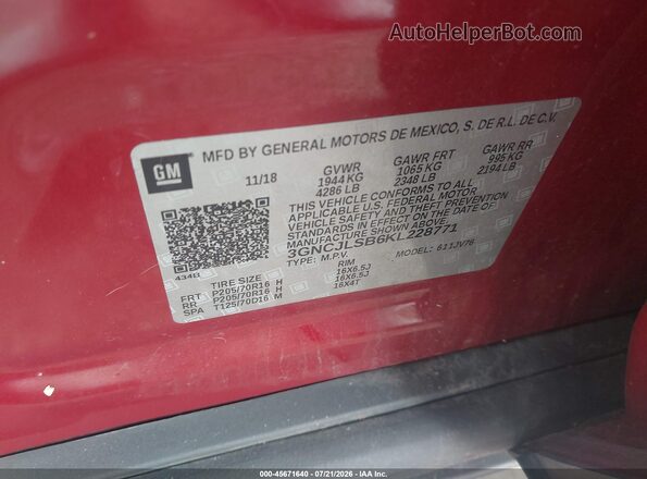 3GNCJLSB6KL228771 2019 CHEVROLET TRAX Red ძრავის განყოფილების ხედი