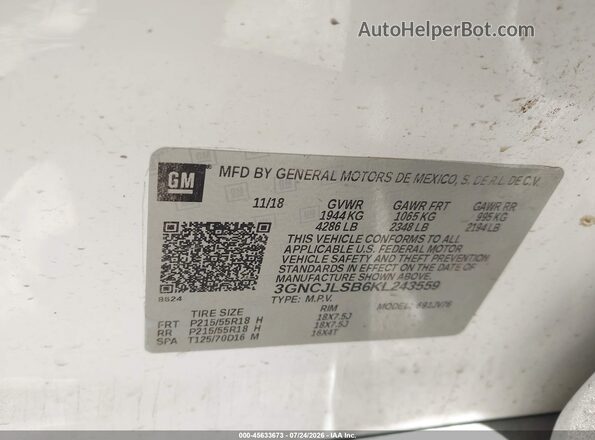 3GNCJLSB6KL243559 2019 CHEVROLET TRAX White Widok komory silnika
