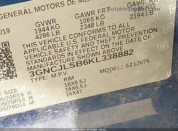 3GNCJLSB6KL338882 2019 CHEVROLET TRAX Blue Engine compartment view
