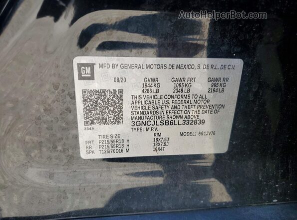 3GNCJLSB6LL332839 2020 CHEVROLET TRAX Black VIN კოდის სტიკერის ხედი