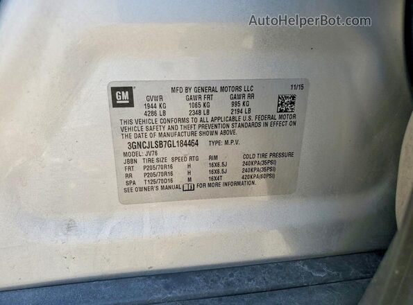 3GNCJLSB7GL184464 2016 CHEVROLET TRAX Серебряный Вид подкапотного пространства