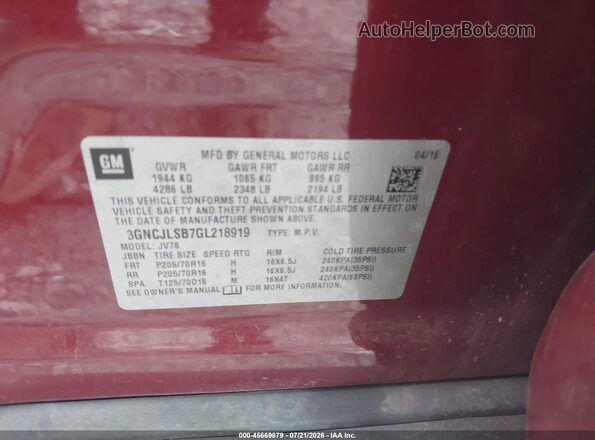 3GNCJLSB7GL218919 2016 CHEVROLET TRAX Burgundy Vista del compartimento del motor