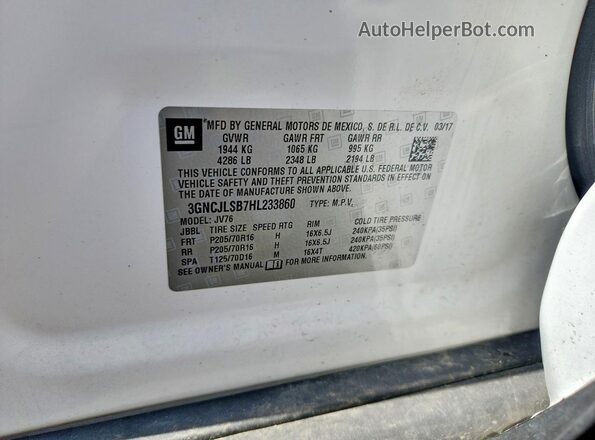 3GNCJLSB7HL233860 2017 CHEVROLET TRAX White VIN კოდის სტიკერის ხედი